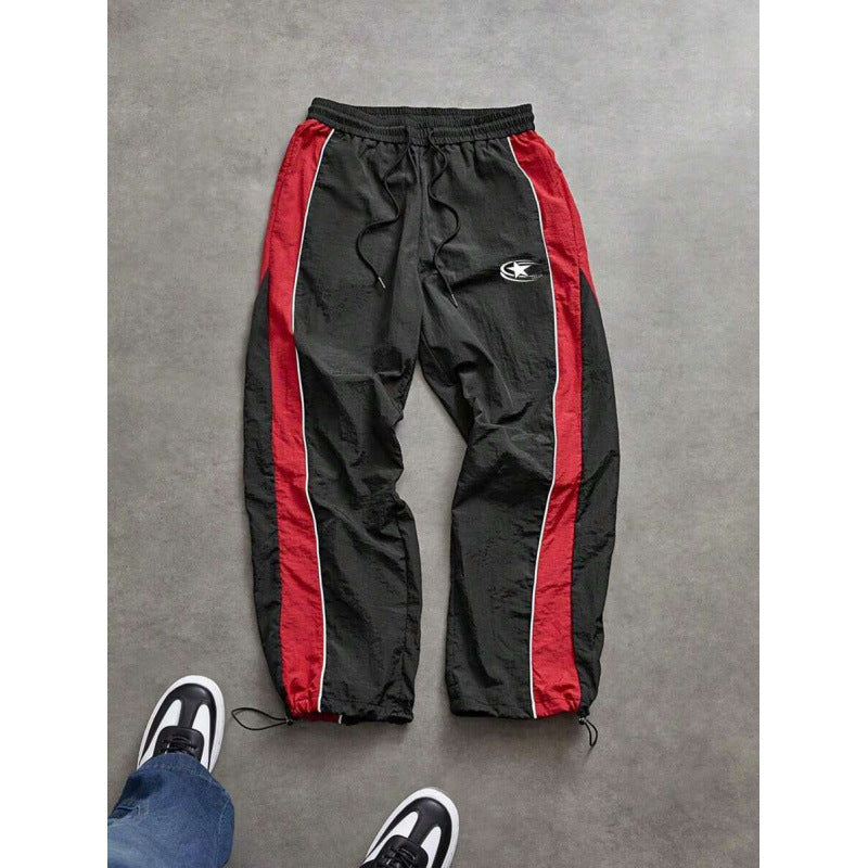 Men's spliced color-blocking printed casual pants with drawstring cuffs and loose straight-leg trousers