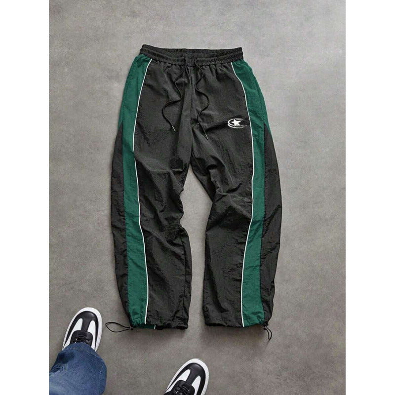 Men's spliced color-blocking printed casual pants with drawstring cuffs and loose straight-leg trousers