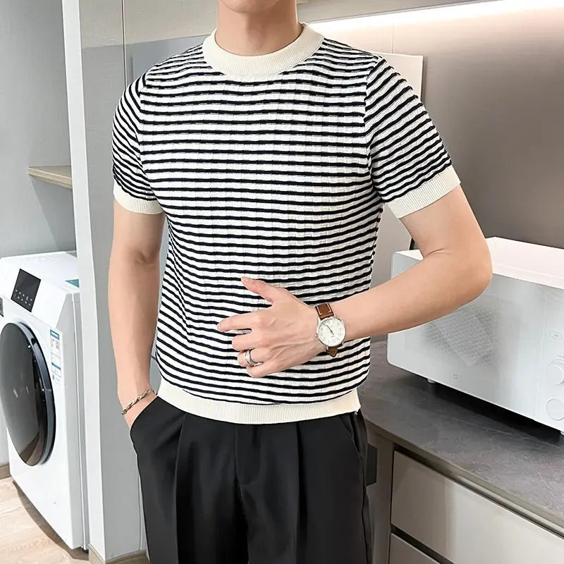 Basic Striped Short Sleeve Pullovers Men's Clothing Contrasting Colors Summer Korean Round Neck Fashion Casual Knitted T-shirts