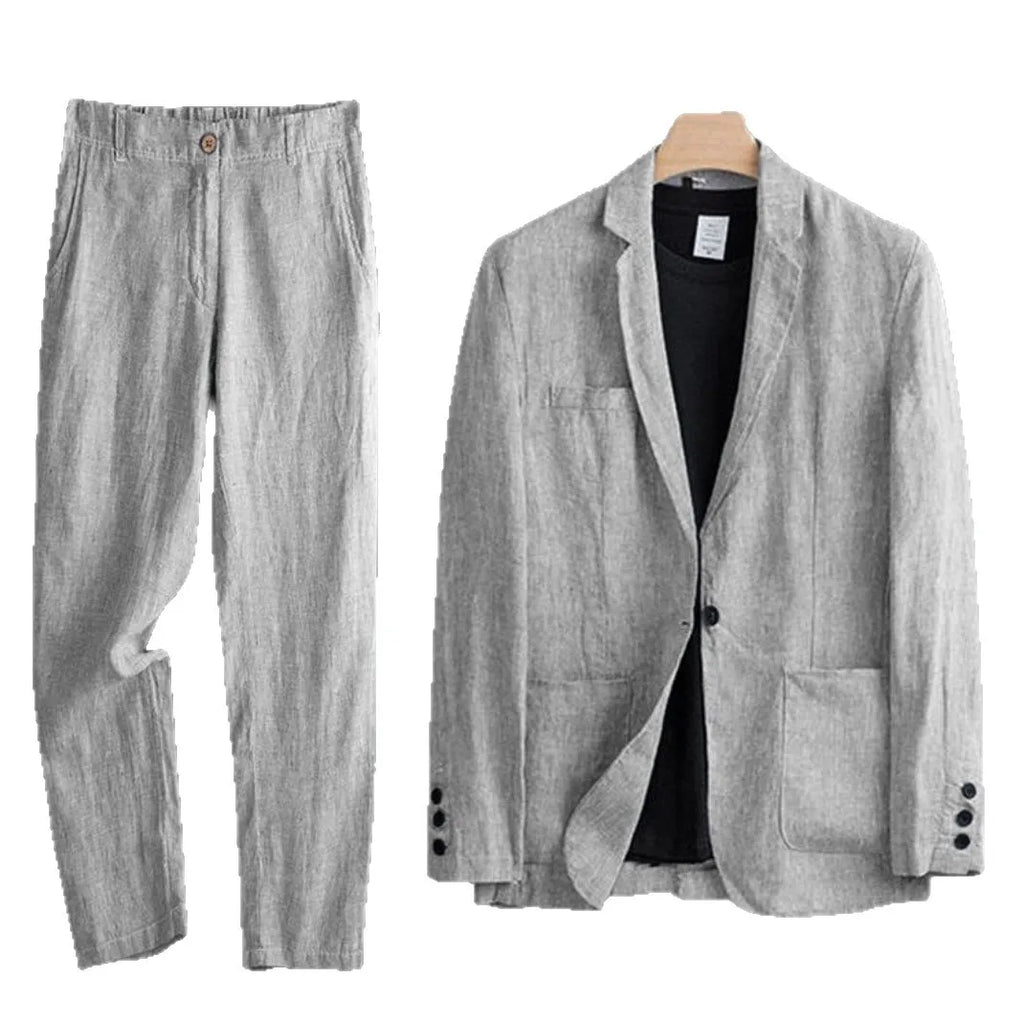 Men's Summer Suit 2 Piece Lightweight Linen Blazer Slim Fit Office Wedding Korean Style Breathable Casual Set Sun Protection