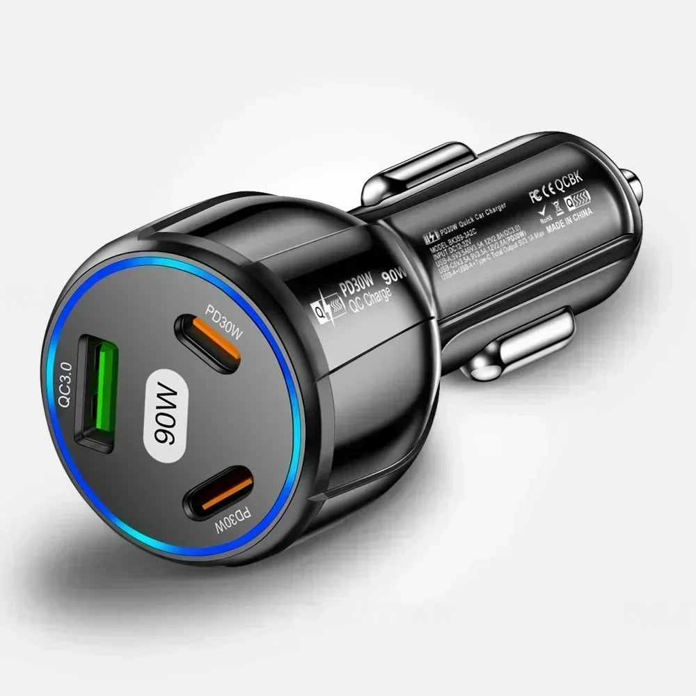 USB Car Charger Quick Charge 90W 3-in-1 QC3.0 PD Moblie Phone Fast Charging Type C Car Quick Charget Adapter Car Accessories