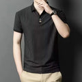 Vertical Striped Ice Silk Short Sleeve T-shirt for Men Slim Fit Collar Summer Thin Polo Shirt