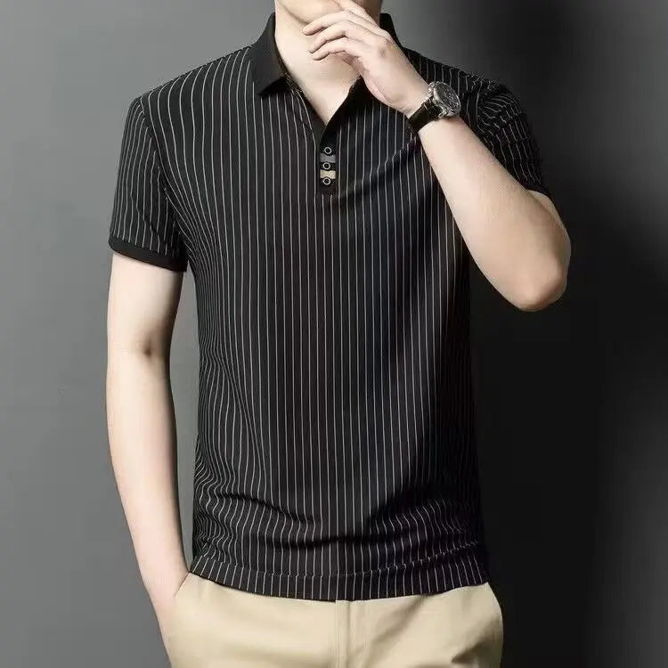 Vertical Striped Ice Silk Short Sleeve T-shirt for Men Slim Fit Collar Summer Thin Polo Shirt