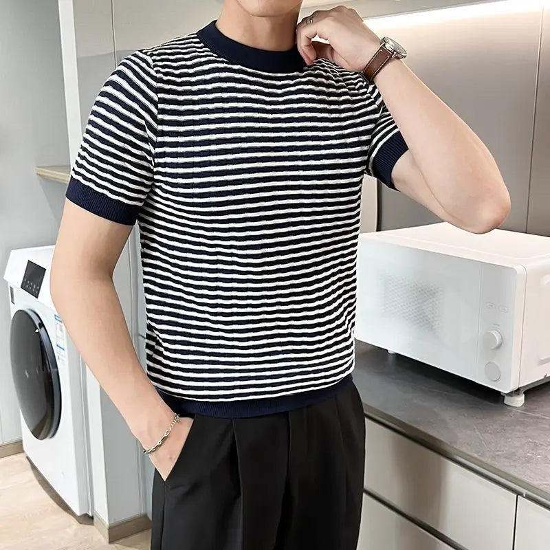 Basic Striped Short Sleeve Pullovers Men's Clothing Contrasting Colors Summer Korean Round Neck Fashion Casual Knitted T-shirts
