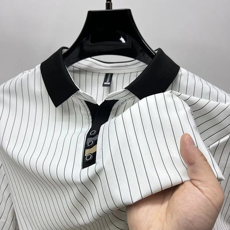 Vertical Striped Ice Silk Short Sleeve T-shirt for Men Slim Fit Collar Summer Thin Polo Shirt