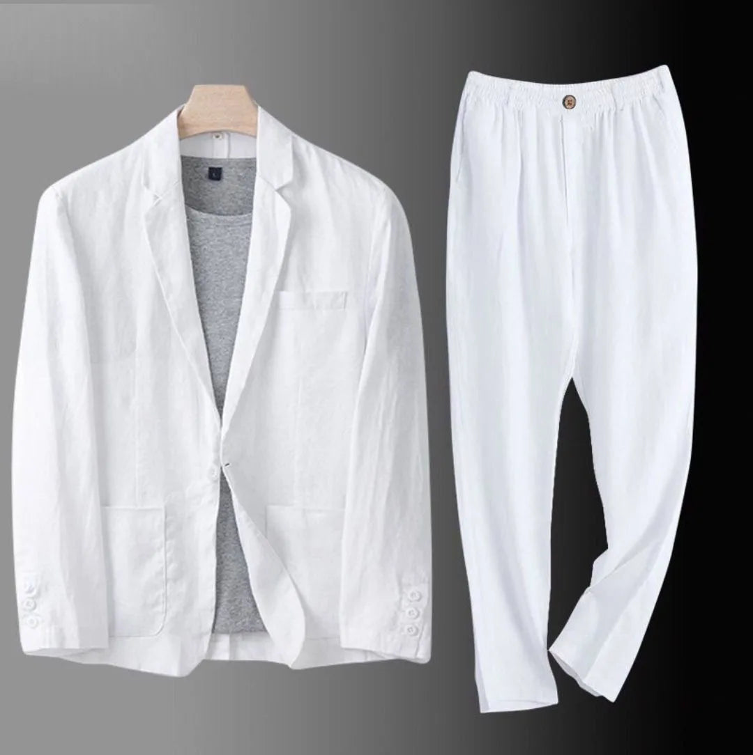 Men's Summer Suit 2 Piece Lightweight Linen Blazer Slim Fit Office Wedding Korean Style Breathable Casual Set Sun Protection