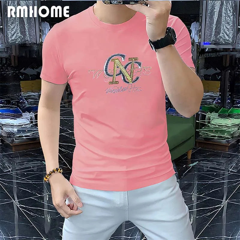 Men's Short Sleeved T-shirt Hot Diamond Letters High Quality Party Leisure Cotton Male Tees Breathable Trendy Brand Top Clothing