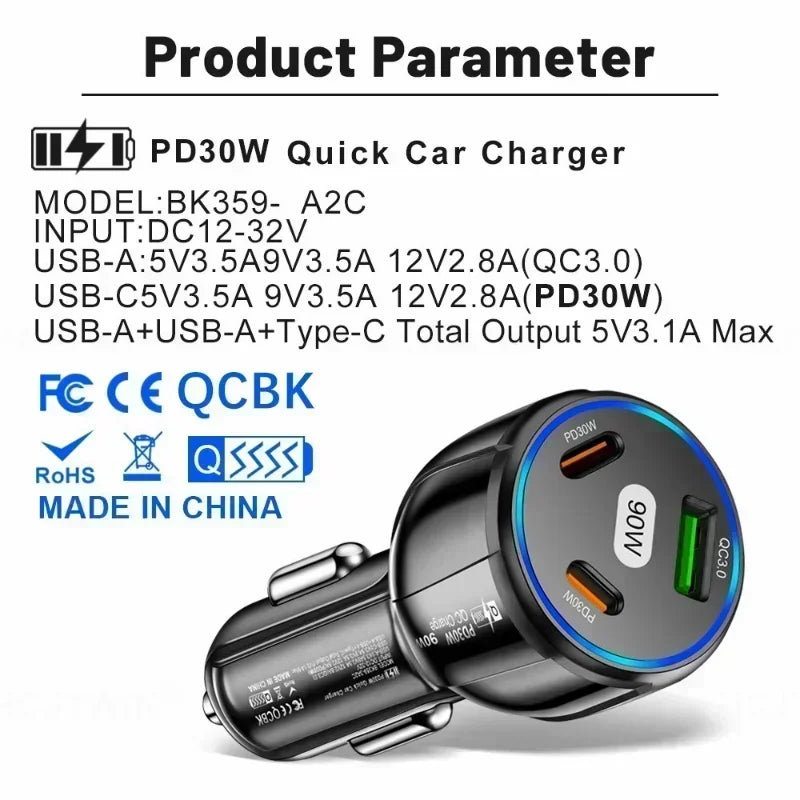 USB Car Charger Quick Charge 90W 3-in-1 QC3.0 PD Moblie Phone Fast Charging Type C Car Quick Charget Adapter Car Accessories