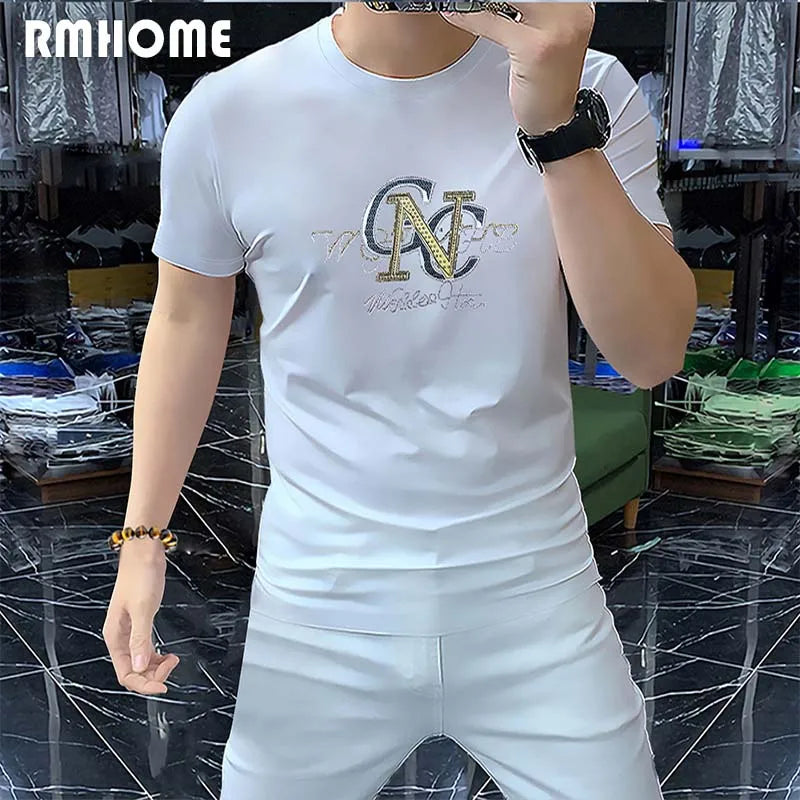 Men's Short Sleeved T-shirt Hot Diamond Letters High Quality Party Leisure Cotton Male Tees Breathable Trendy Brand Top Clothing