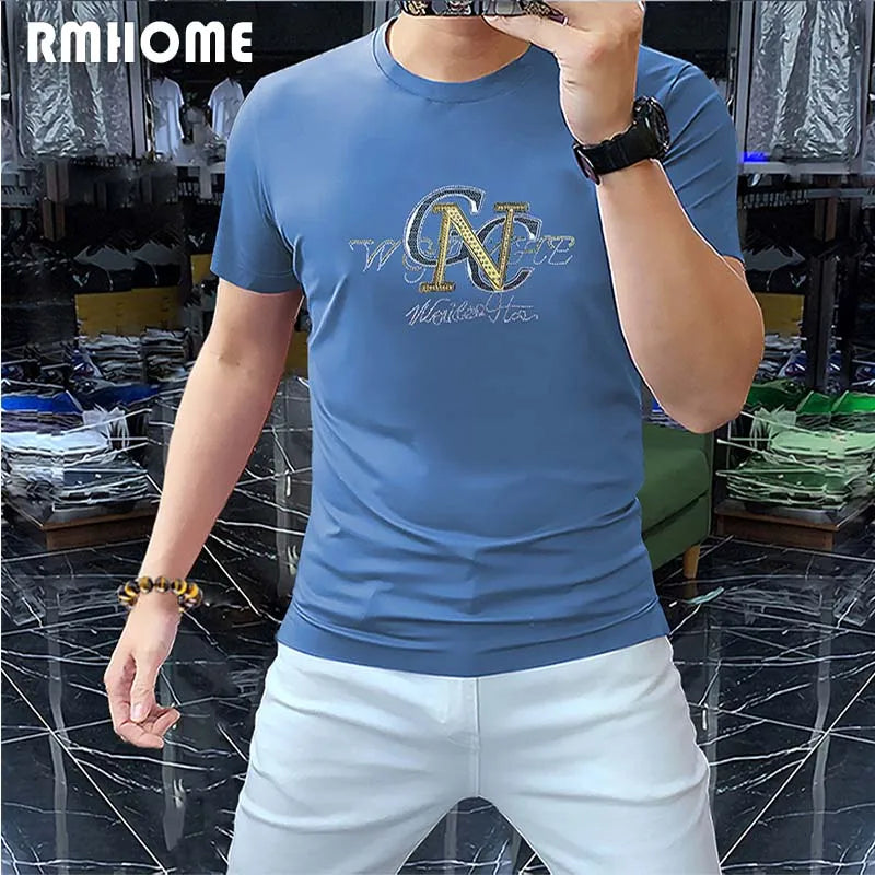 Men's Short Sleeved T-shirt Hot Diamond Letters High Quality Party Leisure Cotton Male Tees Breathable Trendy Brand Top Clothing