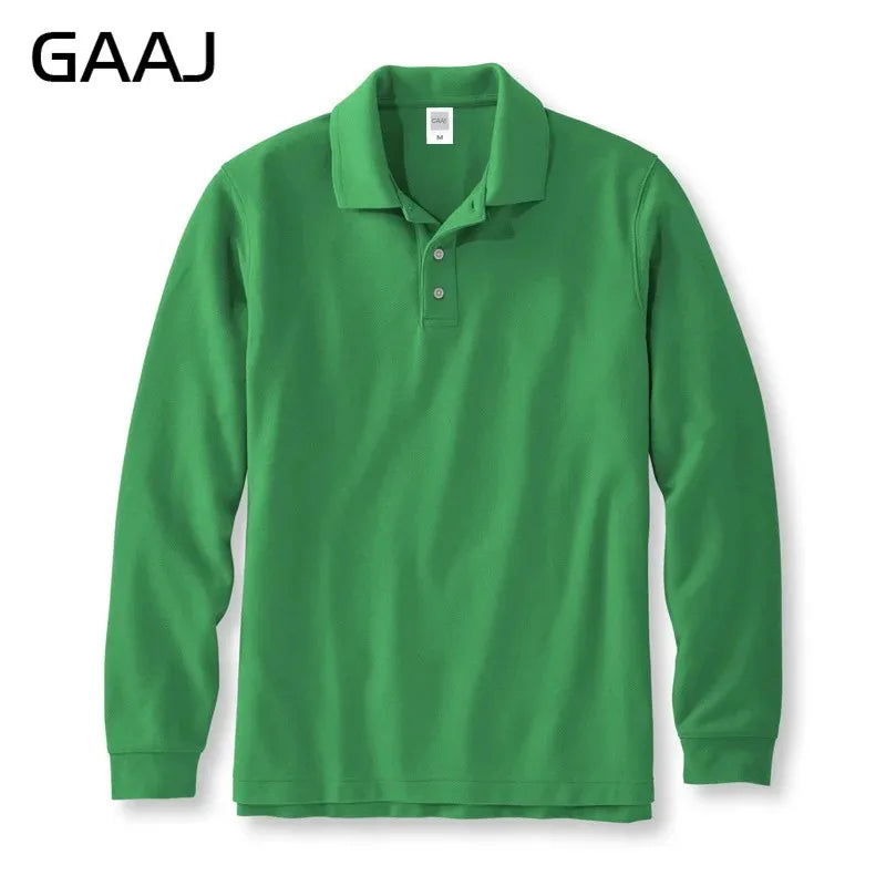 250gsm 8.8oz GAAJ Brand Mens Polo Long Sleeve Shirt 100% Cotton Heavy Weight Casual Business Clothing Solid Polos Shirts Top Man