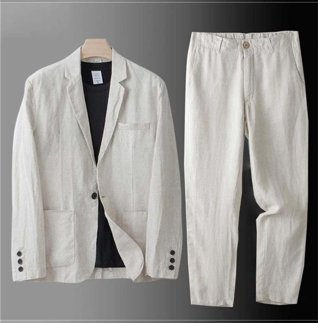 Men's Summer Suit 2 Piece Lightweight Linen Blazer Slim Fit Office Wedding Korean Style Breathable Casual Set Sun Protection