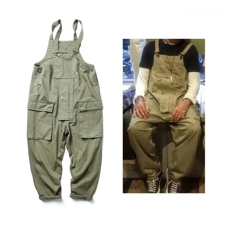 Men's American Casual Overalls Suspender Pants, Work Trousers with Long Pants, Amekaji Trendy Brand, Loose Suspender Pants.