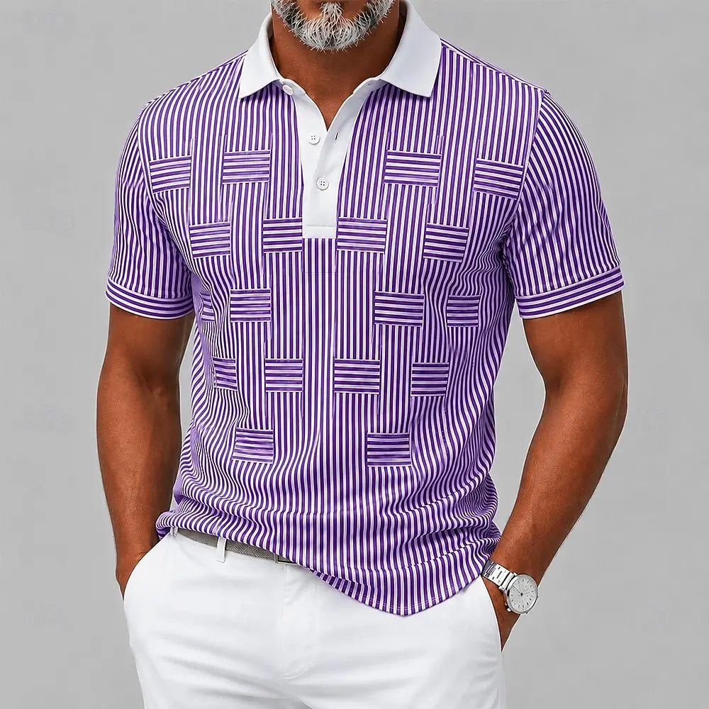 Men's Blue White Vertical Stripe Print Polo Shirt, Casual Tops For Spring Summer Daily Streetwear & Smart Casual Occasions