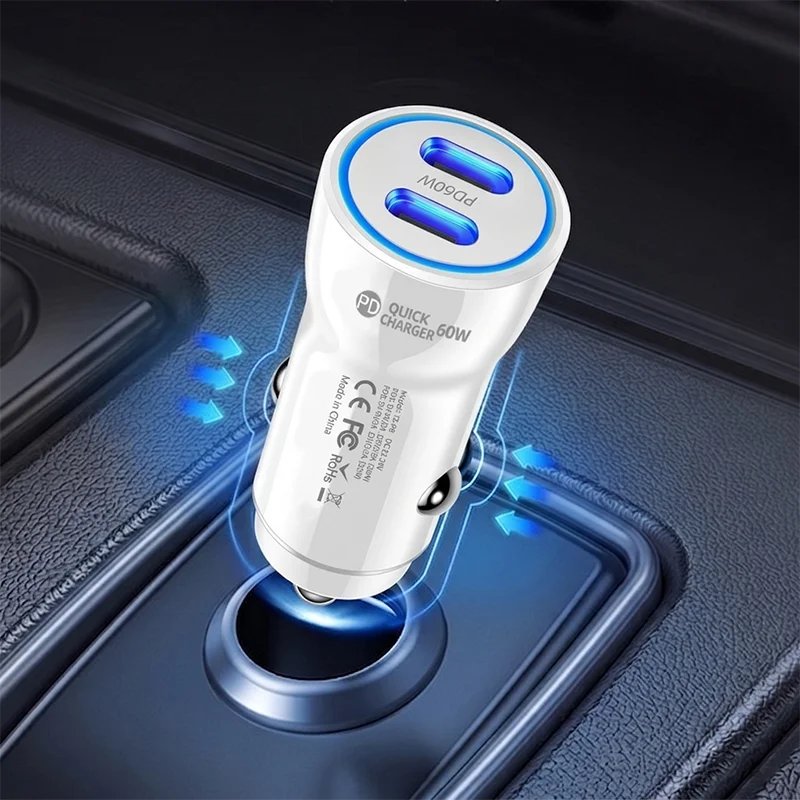 Dual USB C Car Charger 60W PD Fast Charging Universal Vehicle Power Adapter For Phone Tablet Dash Cam GPS Stable Plug LED Light