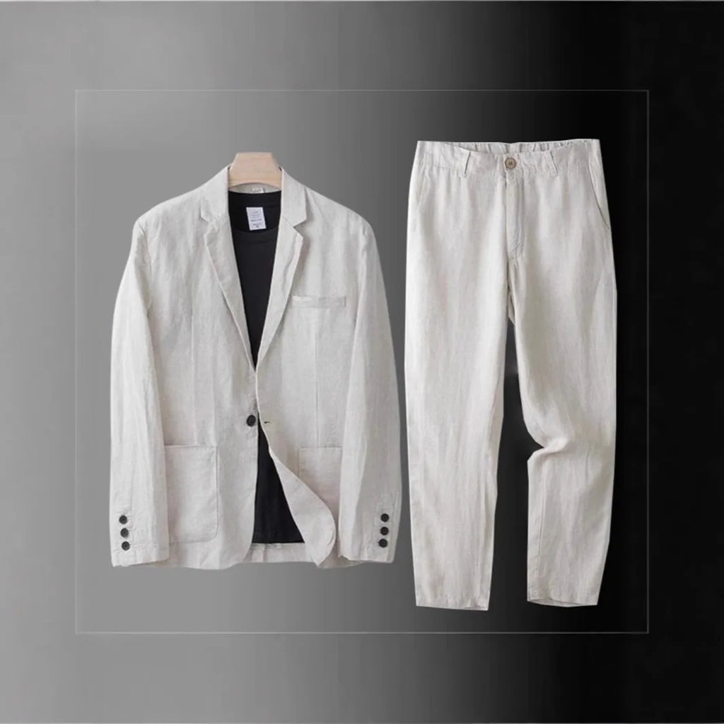Men's Summer Suit 2 Piece Lightweight Linen Blazer Slim Fit Office Wedding Korean Style Breathable Casual Set Sun Protection