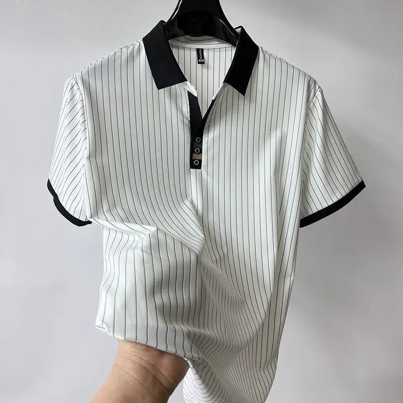 Vertical Striped Ice Silk Short Sleeve T-shirt for Men Slim Fit Collar Summer Thin Polo Shirt