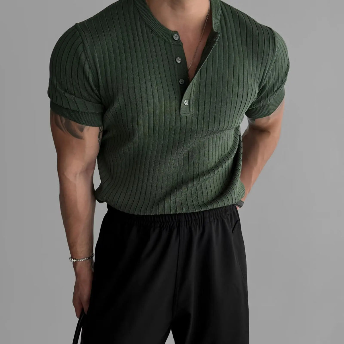 Men's Slim Fit Ribbed Henley Shirt Short Sleeve Button-Up Casual Muscle Tee