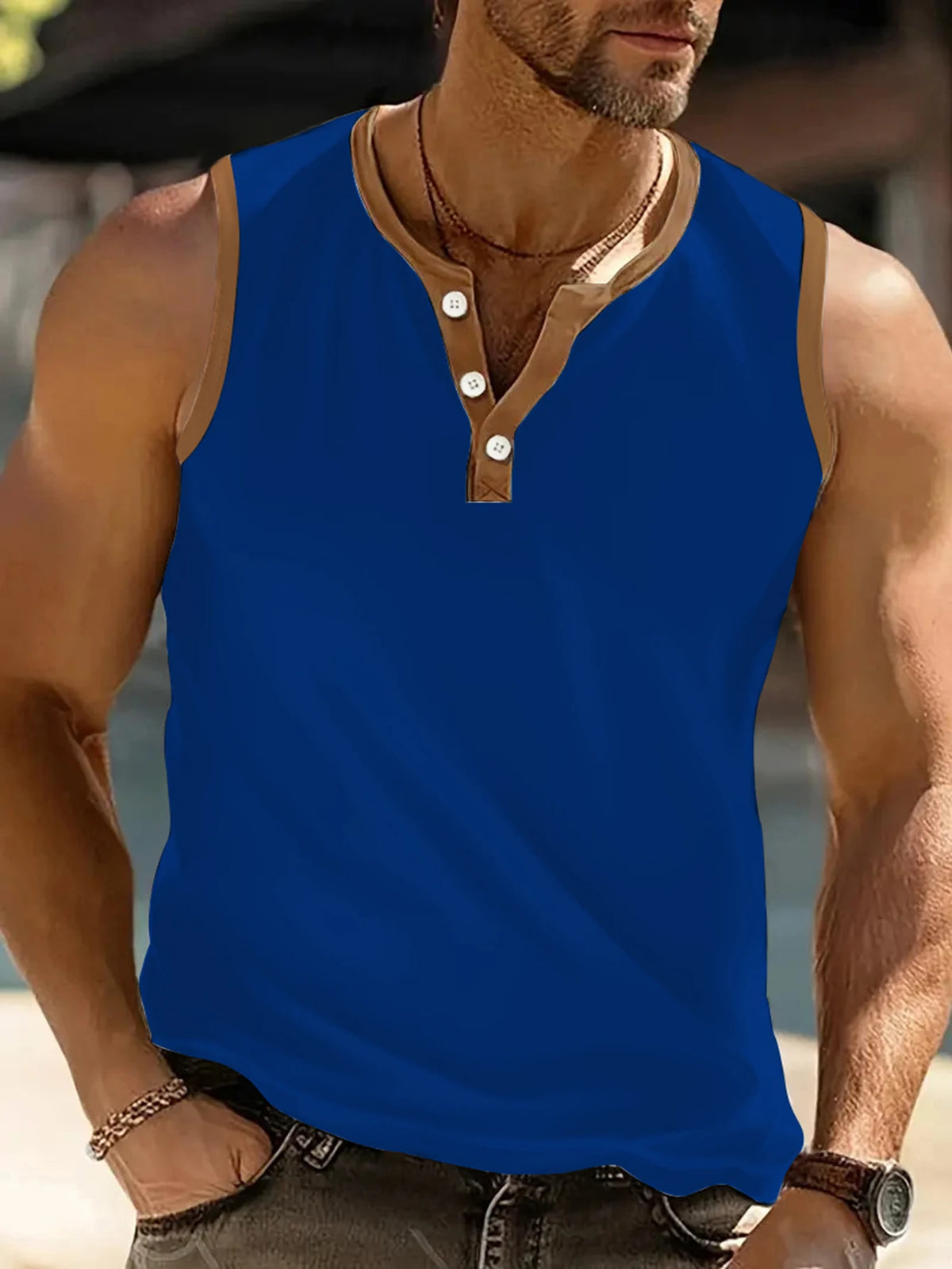 2025 Men Summer Tank Top Sleeveless Button Design Patchwork color T Shirts Loose Fit Running Beach Vest Daily Vest Men Clothing