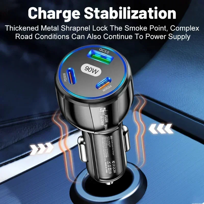 USB Car Charger Quick Charge 90W 3-in-1 QC3.0 PD Moblie Phone Fast Charging Type C Car Quick Charget Adapter Car Accessories