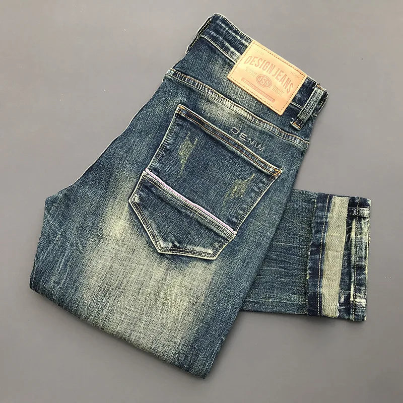 Italian Style Fashion Men Jeans Retro Gray Elastic Slim Fit Ripped Jeans Men Trousers Vintage Designer Casual Denim Pants Hombre
