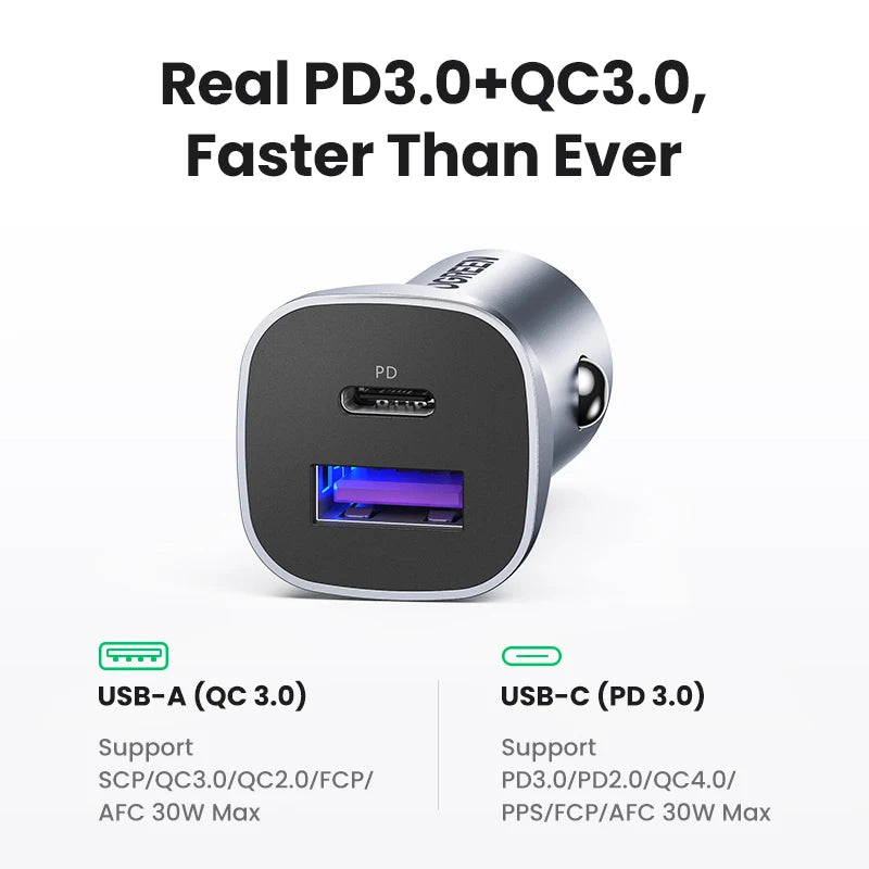 UGREEN Car Charger Type C Fast USB Charger for iPhone 17 16 15 Xiaomi Car Charging Quick 4.0 3.0 Charge Mobile Phone PD Charger