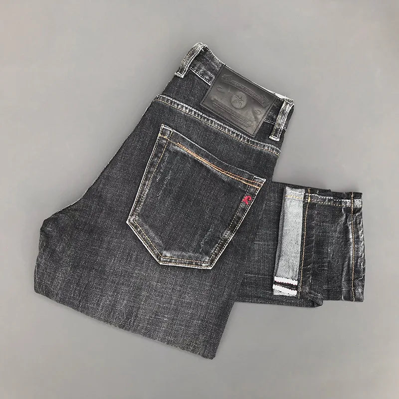 Italian Style Fashion Men Jeans Retro Gray Elastic Slim Fit Ripped Jeans Men Trousers Vintage Designer Casual Denim Pants Hombre