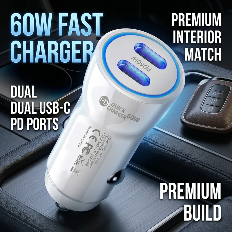 Dual USB C Car Charger 60W PD Fast Charging Universal Vehicle Power Adapter For Phone Tablet Dash Cam GPS Stable Plug LED Light