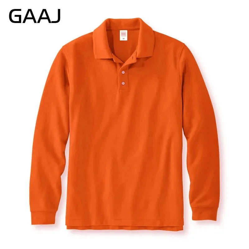 250gsm 8.8oz GAAJ Brand Mens Polo Long Sleeve Shirt 100% Cotton Heavy Weight Casual Business Clothing Solid Polos Shirts Top Man