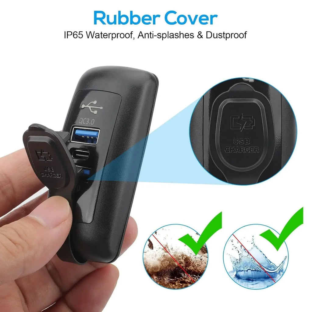 USB Car Motorcycle Charger Dual QC3.0 PD Type-C Universal Car Charger Waterproof and Dustproof 12-24V for Car Boat Marine ATV