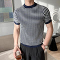 Basic Striped Short Sleeve Pullovers Men's Clothing Contrasting Colors Summer Korean Round Neck Fashion Casual Knitted T-shirts