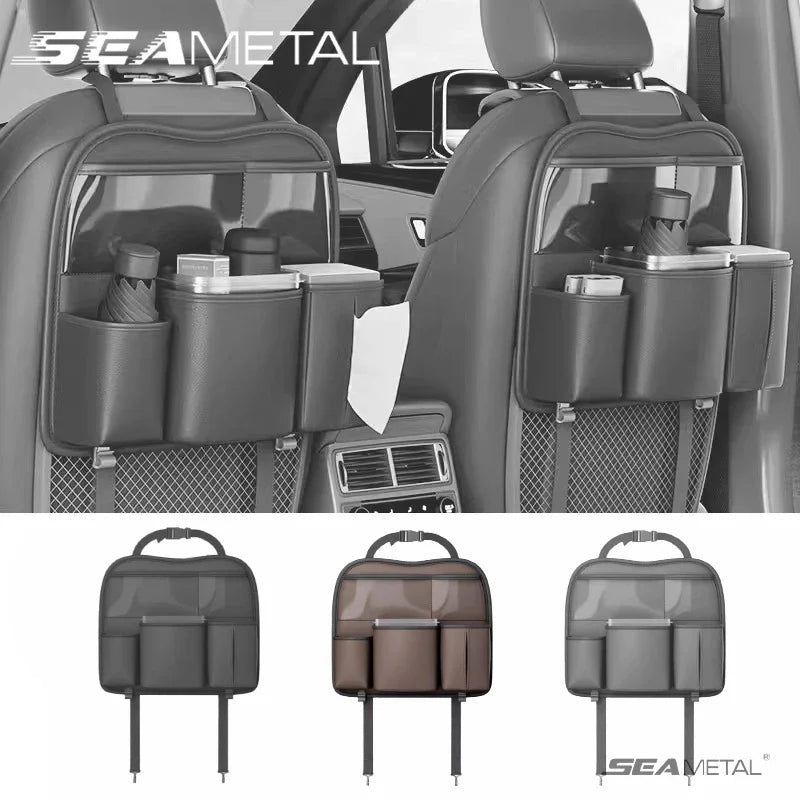 SEAMETAL Car Seat Organizer Multifunctional Leather Car Back Multi Pocket Storage Bag with Trash Can for Car Accessories