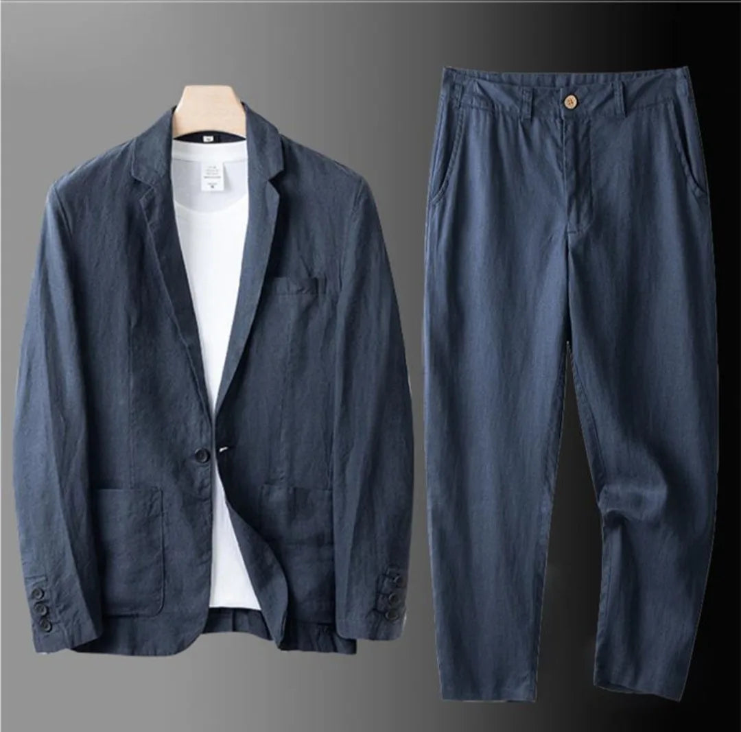 Men's Summer Suit 2 Piece Lightweight Linen Blazer Slim Fit Office Wedding Korean Style Breathable Casual Set Sun Protection