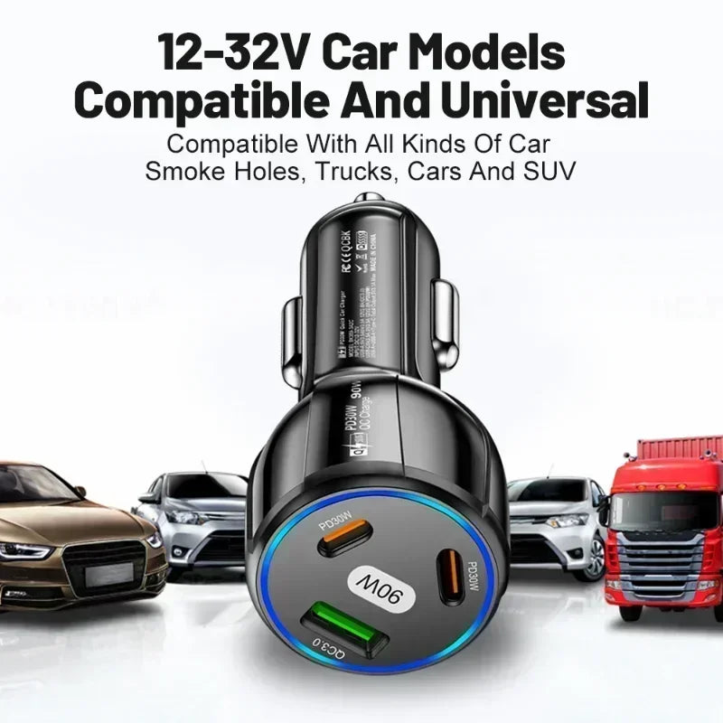 USB Car Charger Quick Charge 90W 3-in-1 QC3.0 PD Moblie Phone Fast Charging Type C Car Quick Charget Adapter Car Accessories