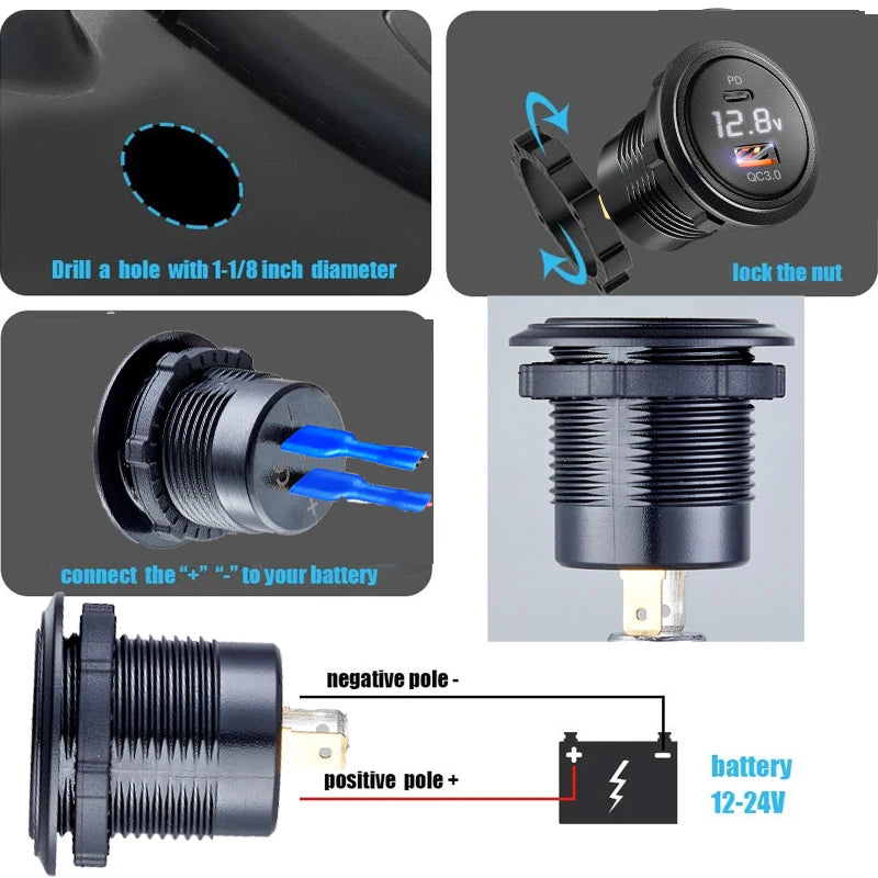 Usb c car charger socket with voltmeter usb a 3.0 car charger outlet adapter for  12V/24V Cars Boats Motorcycle