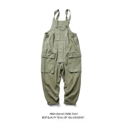 Men's American Casual Overalls Suspender Pants, Work Trousers with Long Pants, Amekaji Trendy Brand, Loose Suspender Pants.