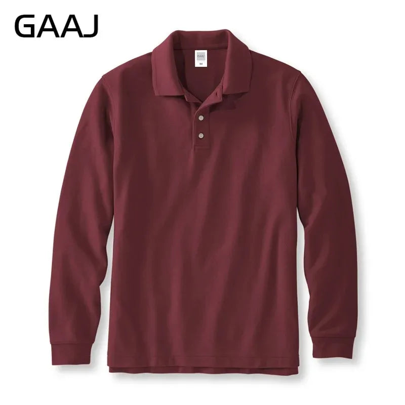 250gsm 8.8oz GAAJ Brand Mens Polo Long Sleeve Shirt 100% Cotton Heavy Weight Casual Business Clothing Solid Polos Shirts Top Man