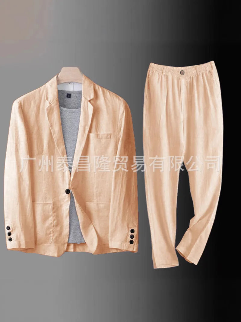 Men's Summer Suit 2 Piece Lightweight Linen Blazer Slim Fit Office Wedding Korean Style Breathable Casual Set Sun Protection