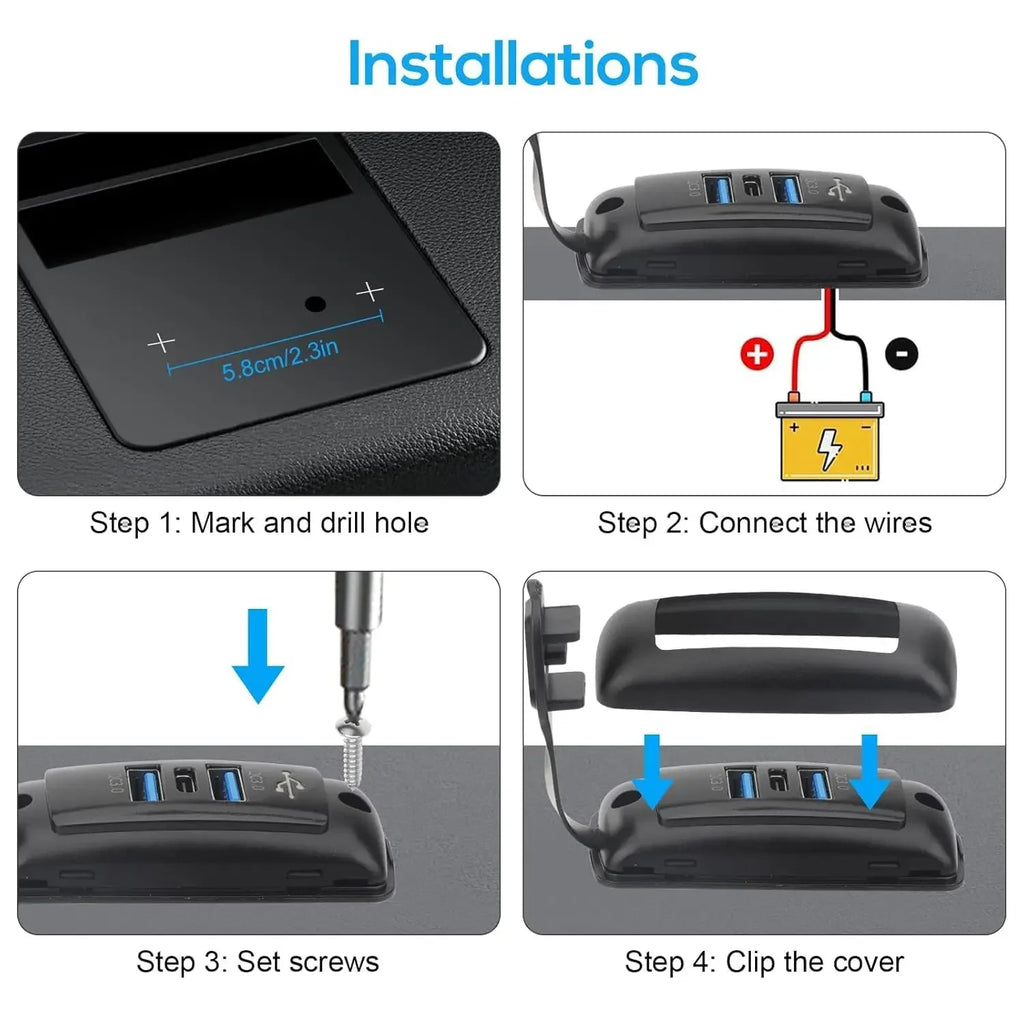 USB Car Motorcycle Charger Dual QC3.0 PD Type-C Universal Car Charger Waterproof and Dustproof 12-24V for Car Boat Marine ATV