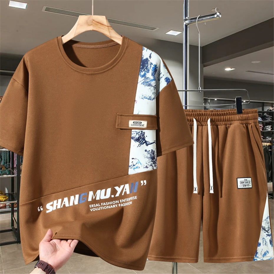 Men's Sets Summer Vintage Patchwork Suits 10XL 11XL Plus Size Summer T-shirt Shorts Male Big Size Suits