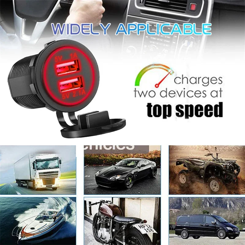 Dual USB Car Charger 5V 3.1A 12V-24V With Panel Waterproof Power Adapter Socket Outlet for Vehicle Boat Truck Motorcycle