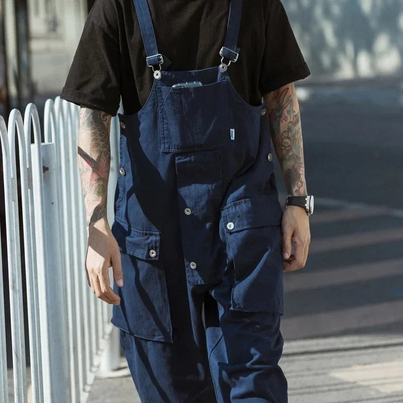 Men's American Casual Overalls Suspender Pants, Work Trousers with Long Pants, Amekaji Trendy Brand, Loose Suspender Pants.