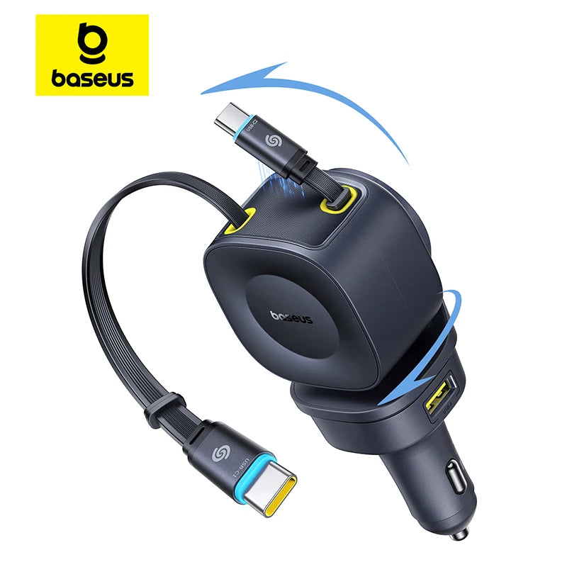 Baseus Car Charger 60W 100W 30W 240W 4 ports Built in Dual Retractable Cable PD Fast Charging USB Type-C Car Phone Charger