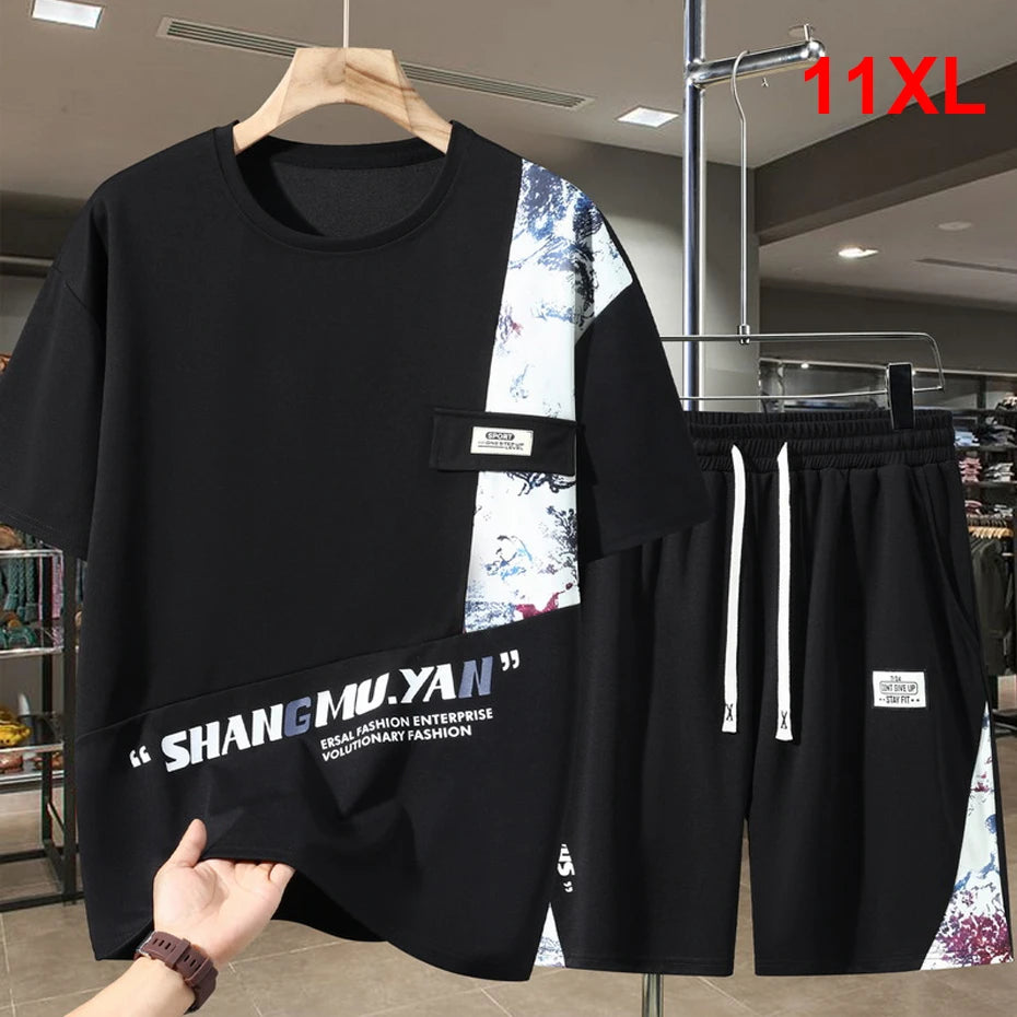 Men's Sets Summer Vintage Patchwork Suits 10XL 11XL Plus Size Summer T-shirt Shorts Male Big Size Suits