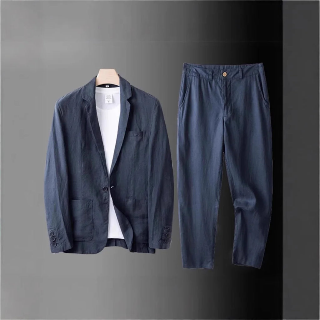 Men's Summer Suit 2 Piece Lightweight Linen Blazer Slim Fit Office Wedding Korean Style Breathable Casual Set Sun Protection