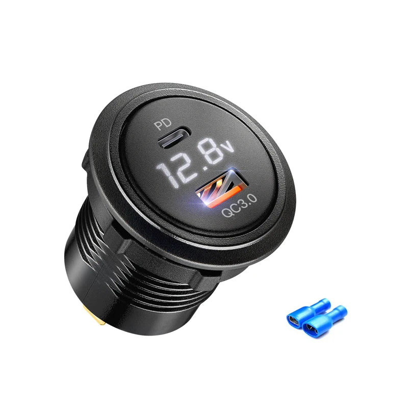 Usb c car charger socket with voltmeter usb a 3.0 car charger outlet adapter for  12V/24V Cars Boats Motorcycle