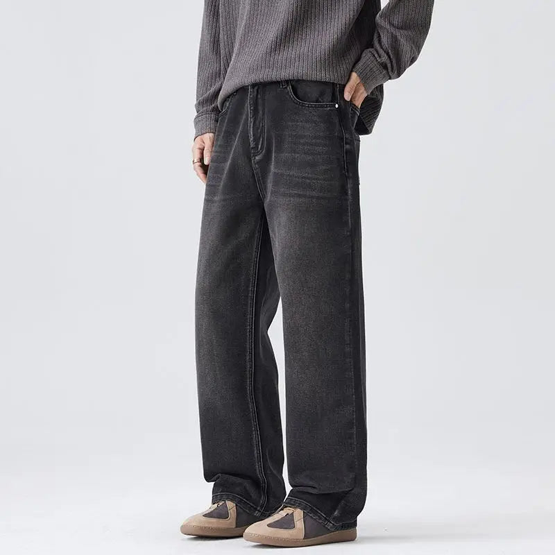 Korean Retro Men's Stretch Jeans Autumn Winter Fashion Straight Leg Pant High Street Baggy Pants Casual Black Jeans Flared Jeans