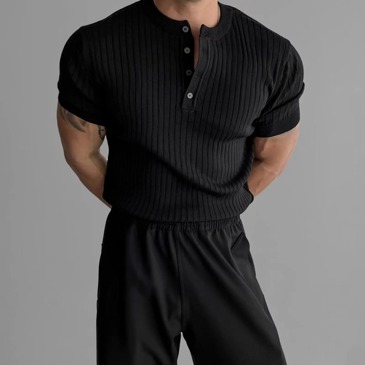 Men's Slim Fit Ribbed Henley Shirt Short Sleeve Button-Up Casual Muscle Tee