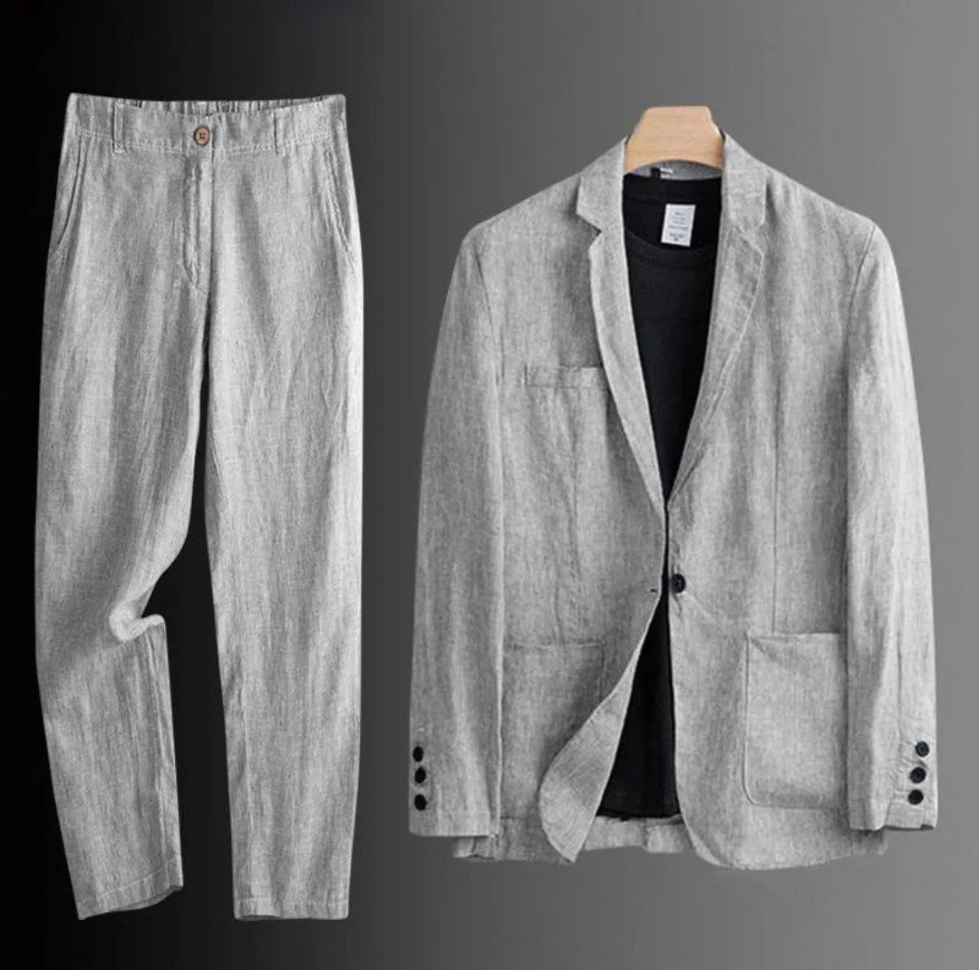 Men's Summer Suit 2 Piece Lightweight Linen Blazer Slim Fit Office Wedding Korean Style Breathable Casual Set Sun Protection