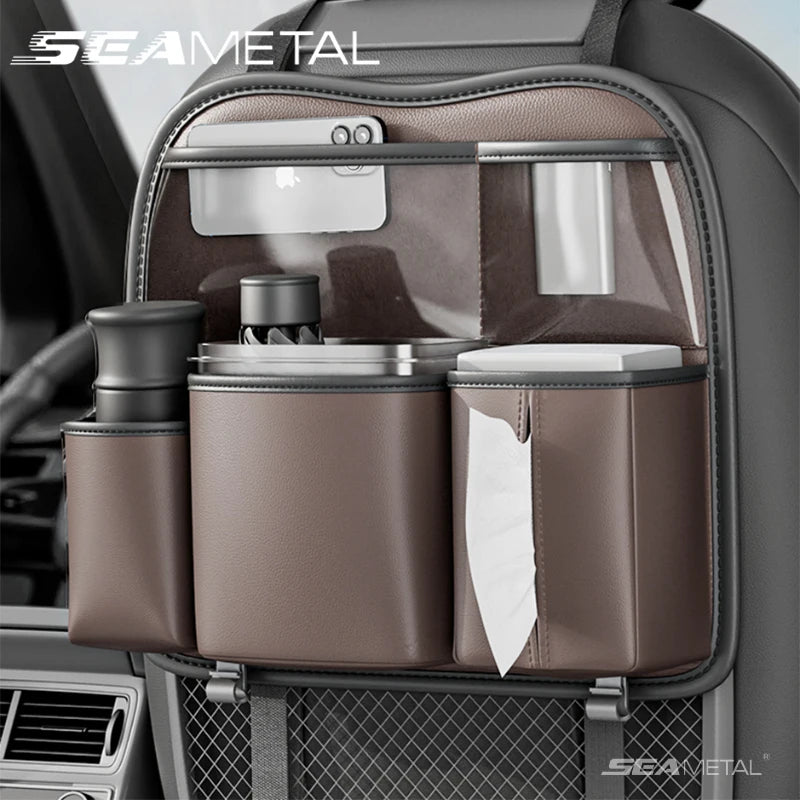 SEAMETAL Car Seat Organizer Multifunctional Leather Car Back Multi Pocket Storage Bag with Trash Can for Car Accessories